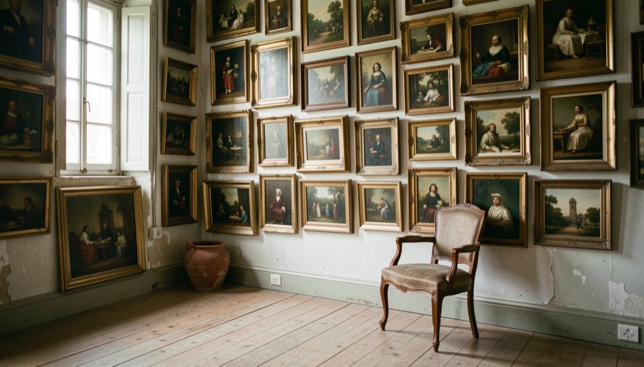 Intérieur ancien rénové avec un mur entier de tableaux de formats mêlés et une chaise décalée pour les observer