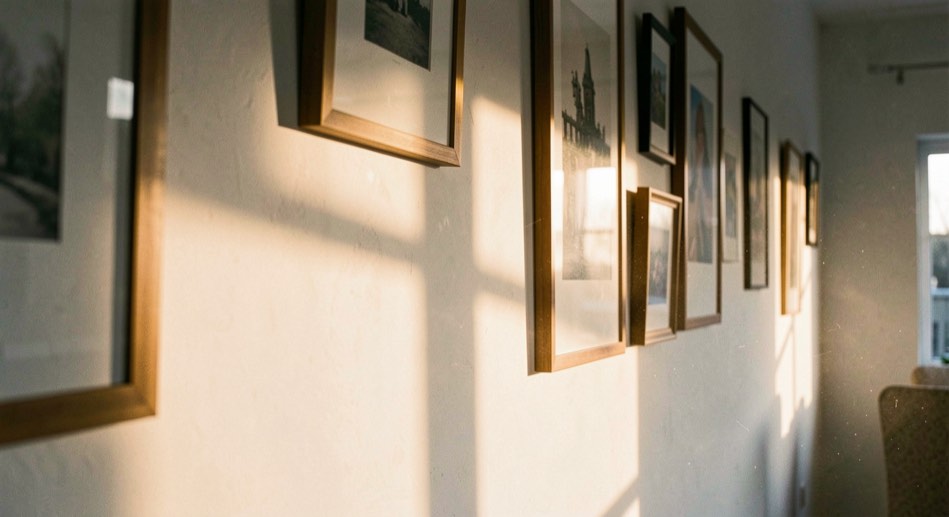 Rayon de soleil couchant frappant en diagonale une rangée de cadres sur un mur blanc, poussière visible dans le faisceau lumineux