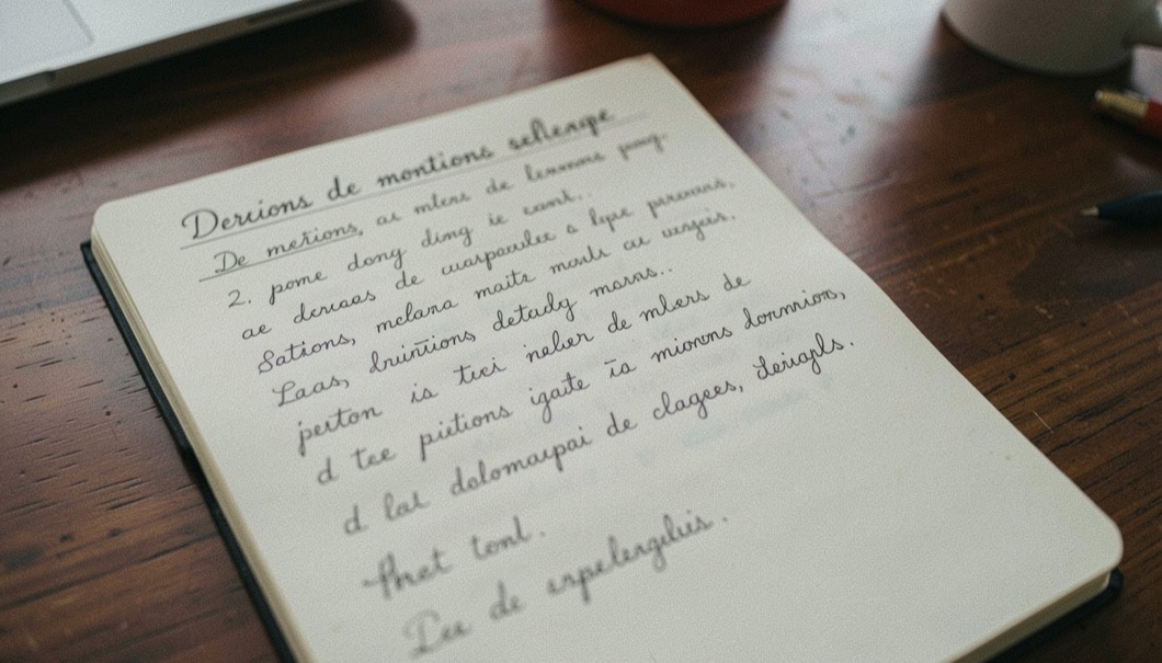 Gros plan sur la première page d’un carnet de mentions manuscrites posé sur un bureau en bois sombre