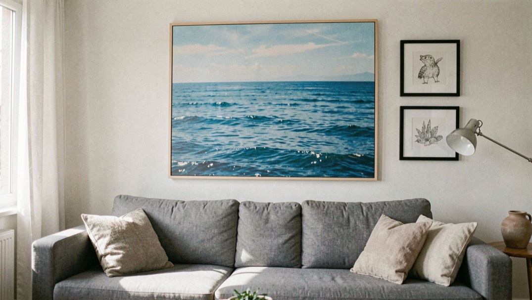 Séjour lumineux avec un grand tableau marin bleu accroché au-dessus d’un canapé gris et deux dessins encadrés de noir plus petits à droite